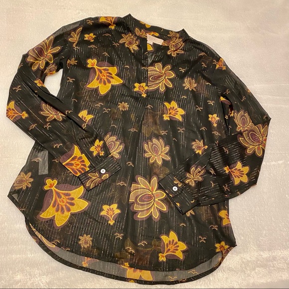 Ann Taylor Loft Floral Metallic Shimmer Popover Blouse - Picture 4 of 10